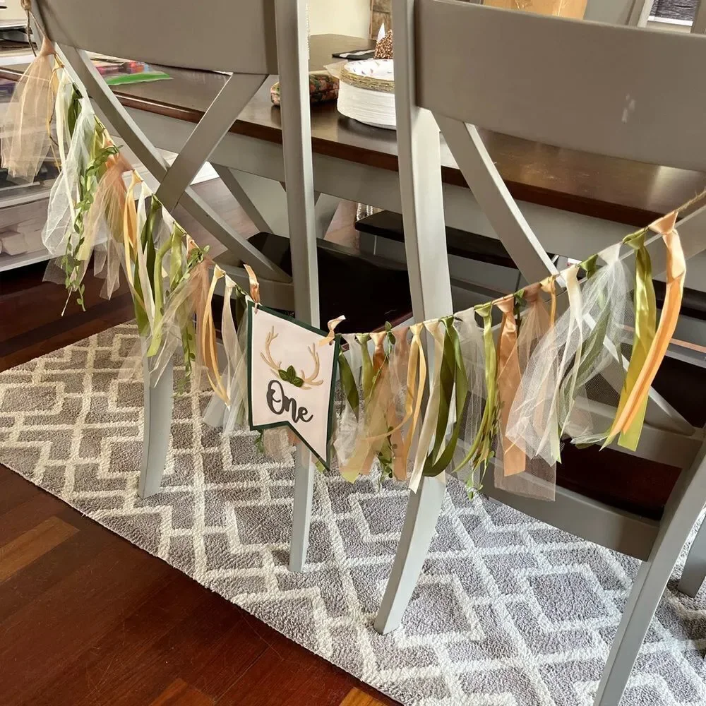 Woodland First Birthday Decorations ONE high chair banner and gold sparkly crown